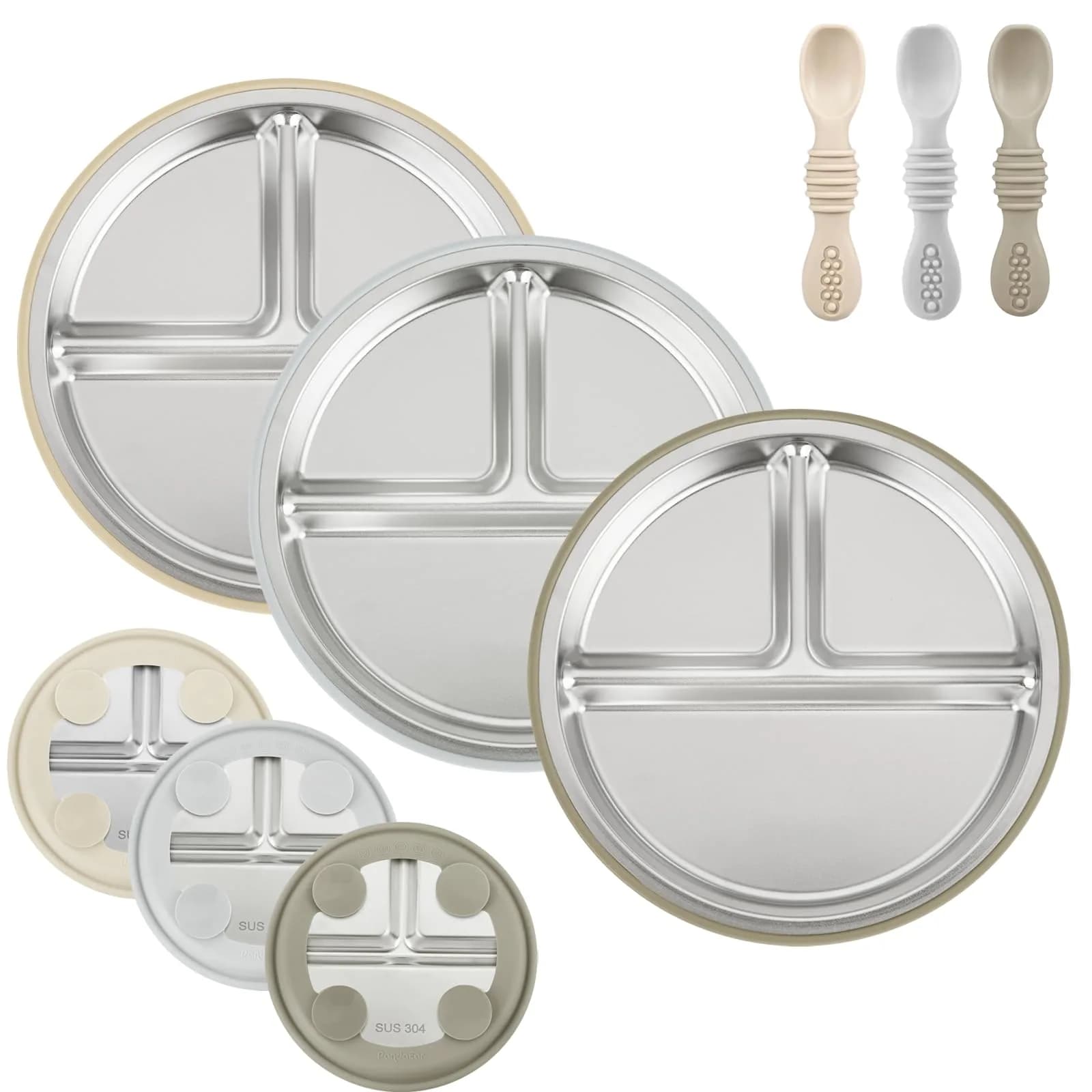 PandaEar 3 Pack Stainless Steel Baby Suction Plates | Divided Toddler Plate for Baby Led Weaning, Non-Slip, Dishwasher Safe - main product image
