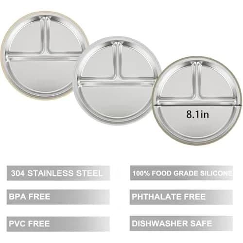 PandaEar 3 Pack Stainless Steel Baby Suction Plates | Divided Toddler Plate for Baby Led Weaning, Non-Slip, Dishwasher Safe thumbnail 2