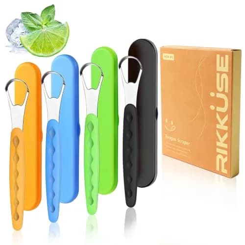 RIKKUSE Stainless Steel Tongue Scraper Set 4-Pack (5 inches Length) | Removes Bad Breath & Buildup thumbnail 1