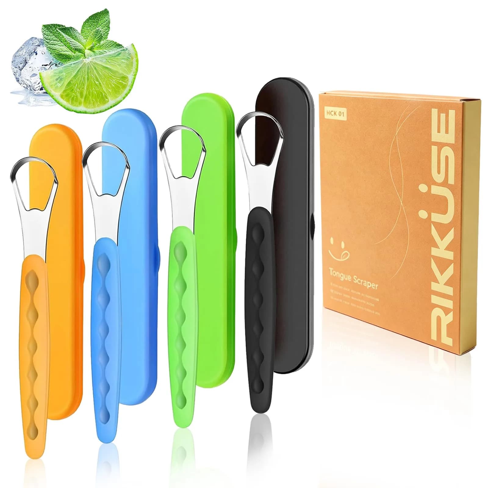 RIKKUSE Stainless Steel Tongue Scraper Set 4-Pack (5 inches Length) | Removes Bad Breath & Buildup