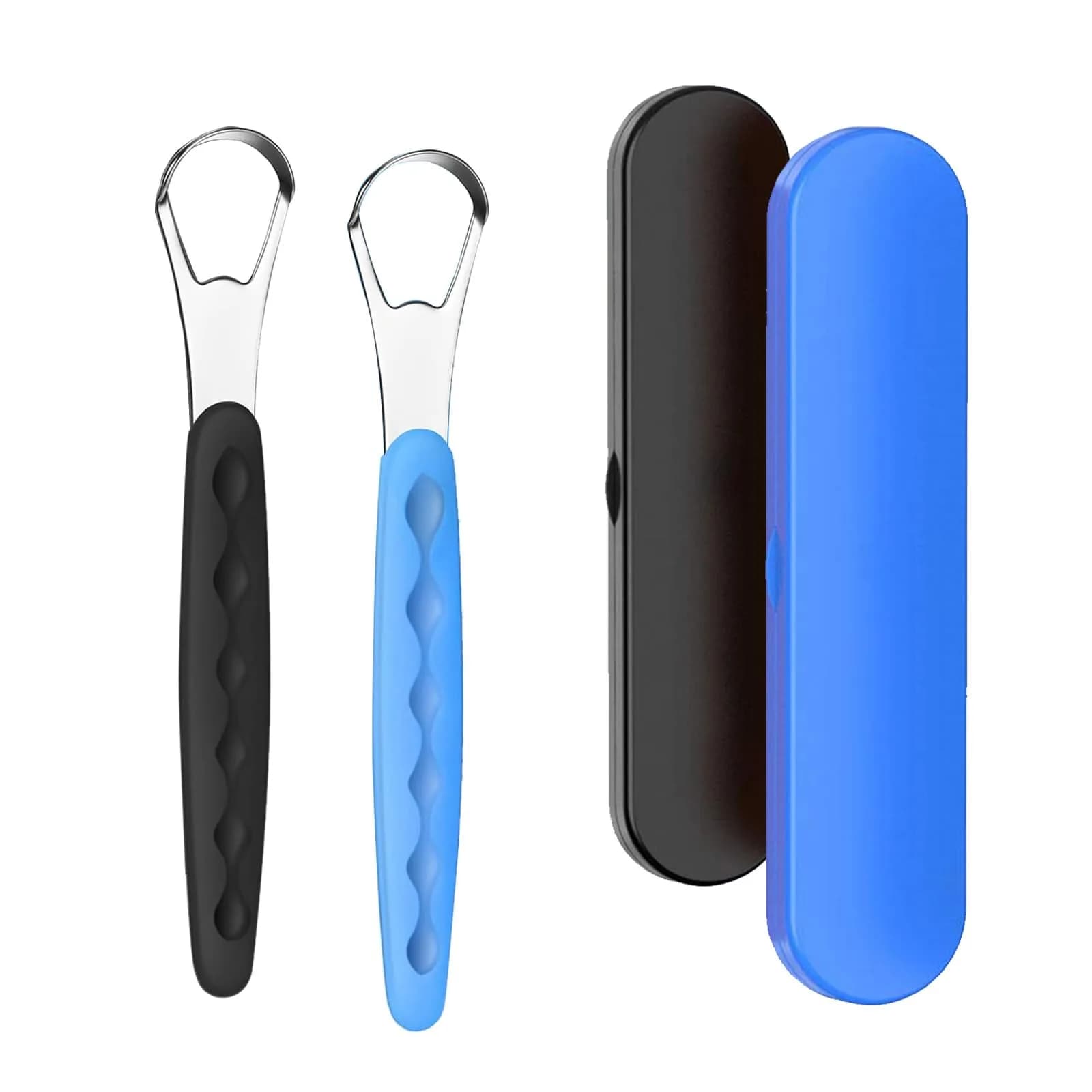 RIKKUSE Stainless Steel Tongue Scraper Set 4-Pack (5 inches Length) | Removes Bad Breath & Buildup — Blueblack