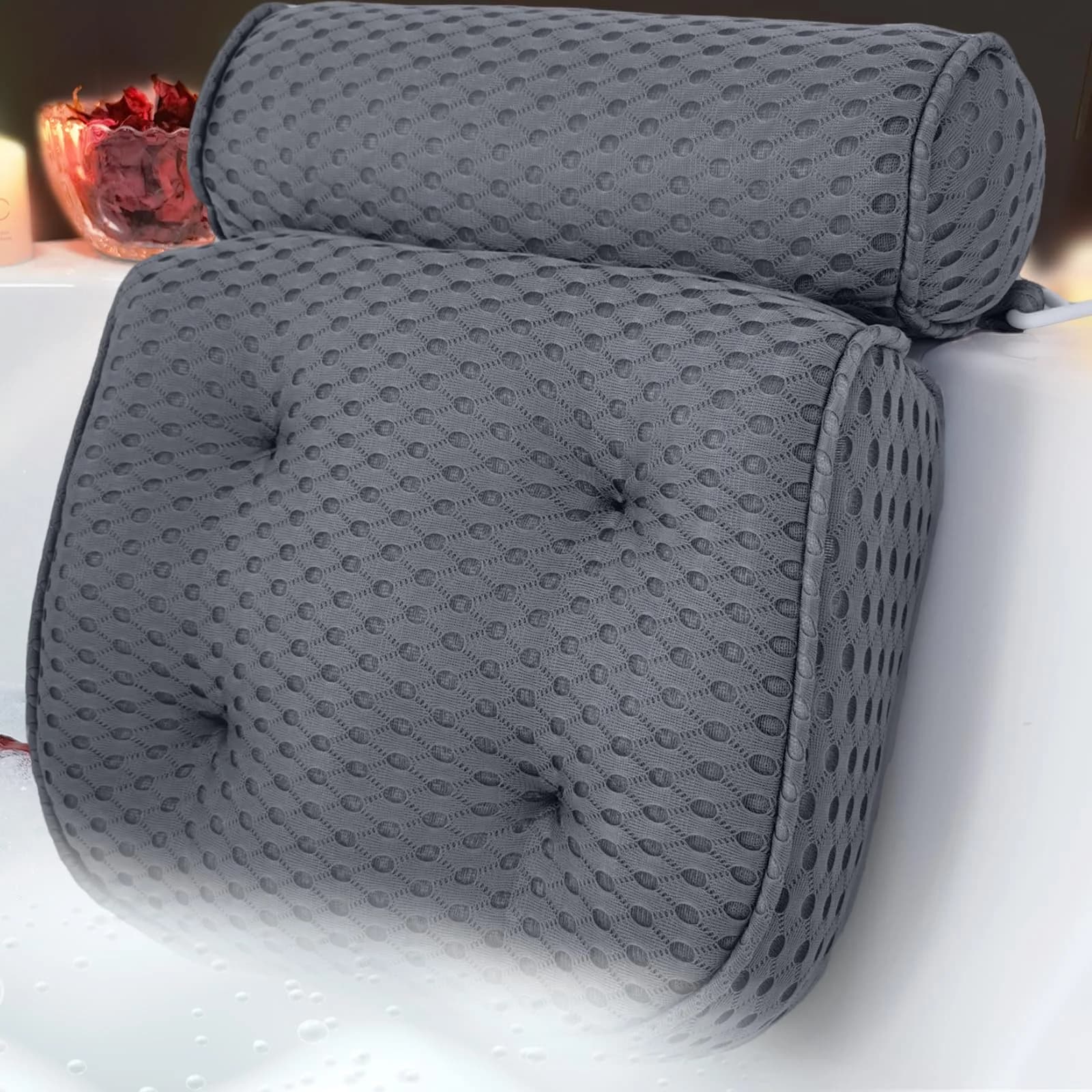 AEROiVi Luxury Bath Pillow for Tub | Soft Mesh Head and Neck Support with 6 Strong Suction Cups, White (1 Count) — Gray