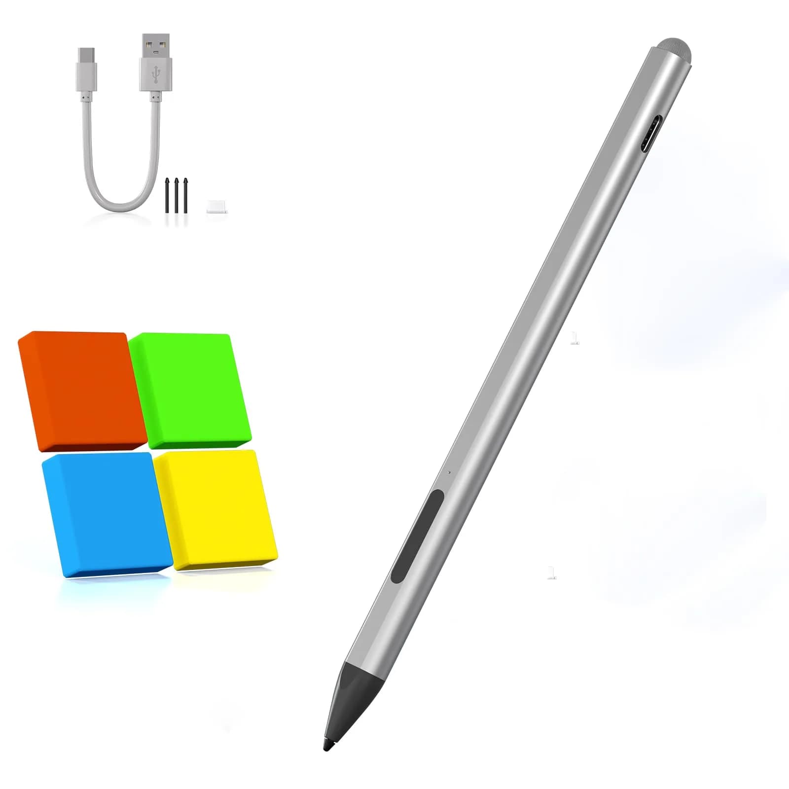 Arsandyn Surface Pen Stylus for Surface Pro 11/9/10/8/X/7/6/5/4/3, USB-C Fast Charge, 4096 Pressure Levels | Compatible with Surface Go/Laptop/Studio & Other Brands — Slivery With Touh cap