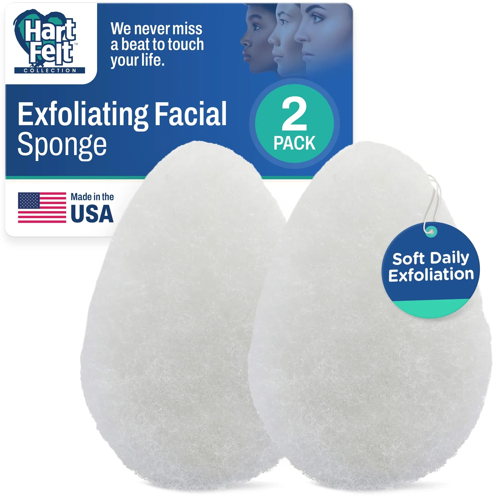 HartFelt Exfoliating Facial Sponge Pad 10 Pack | Daily Cleansing Scrubber for Makeup, Dirt, Dead Skin — Regular - White