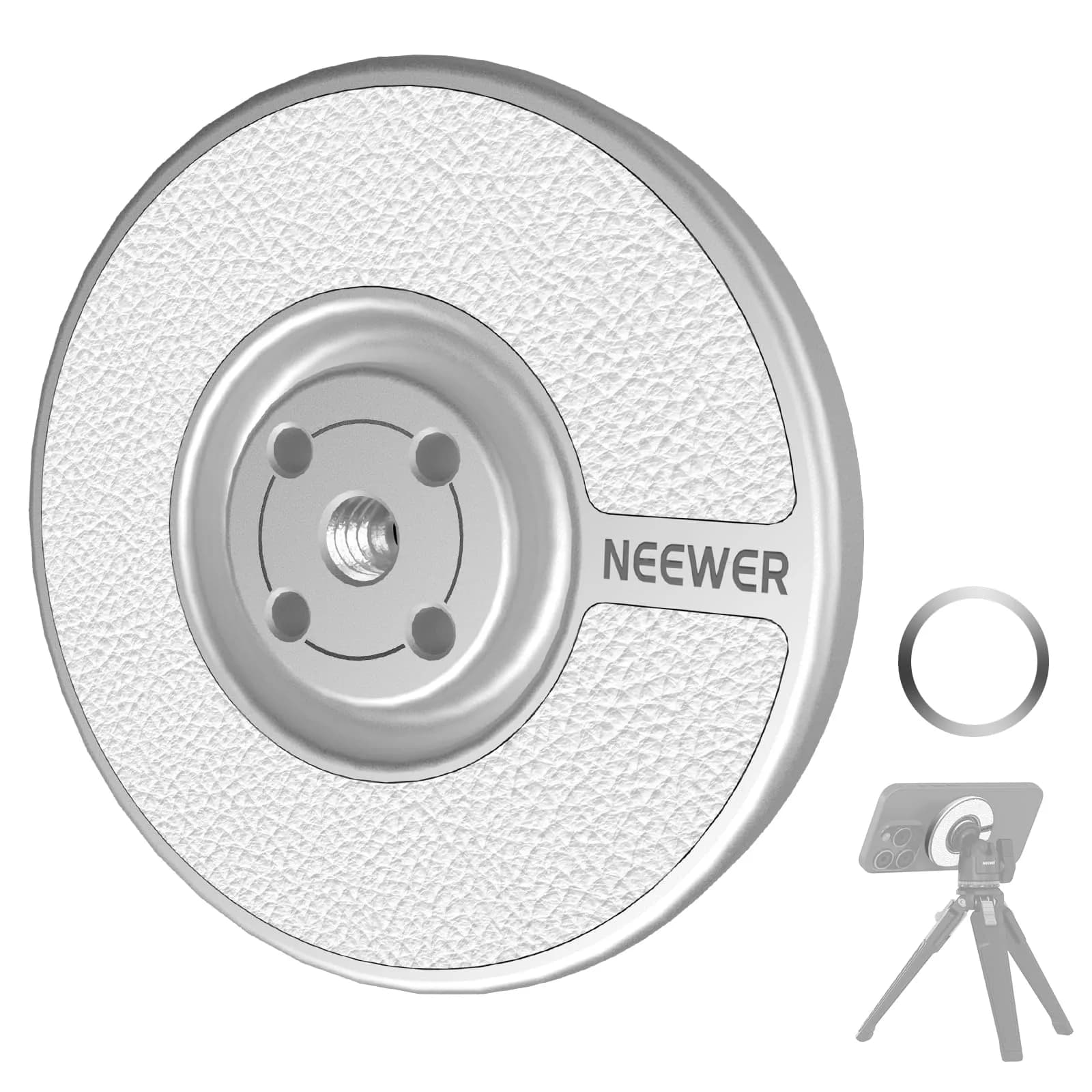 NEEWER Magnetic Phone Tripod Mount Adapter with Adhesive Ring for MagSafe iPhones | 59mm x 59mm x 7mm — Silver