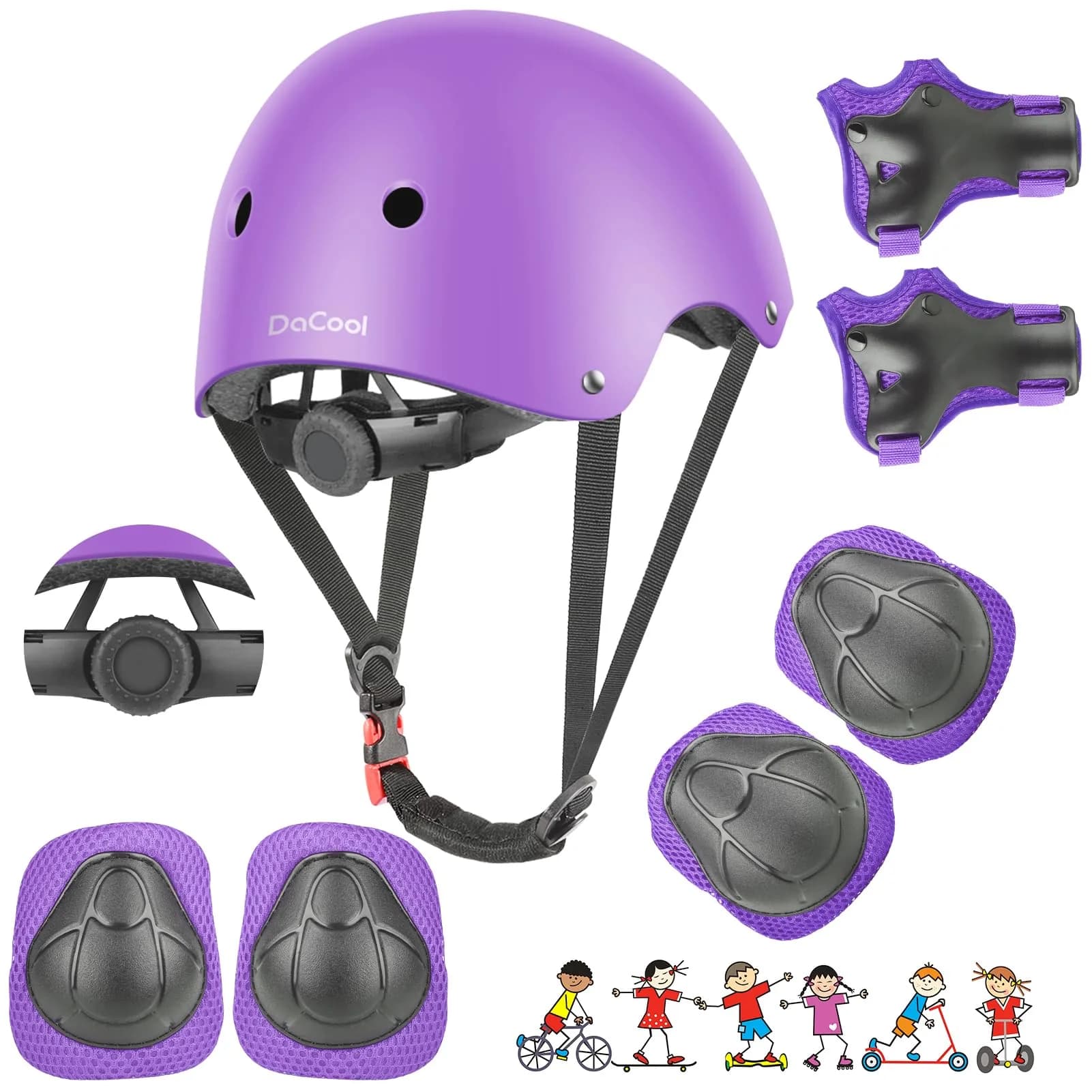 DaCool Kids Bike Helmet & Protective Gear Set for Sports Cycling Skating, Pink, 7-Piece Set — 5-Purple