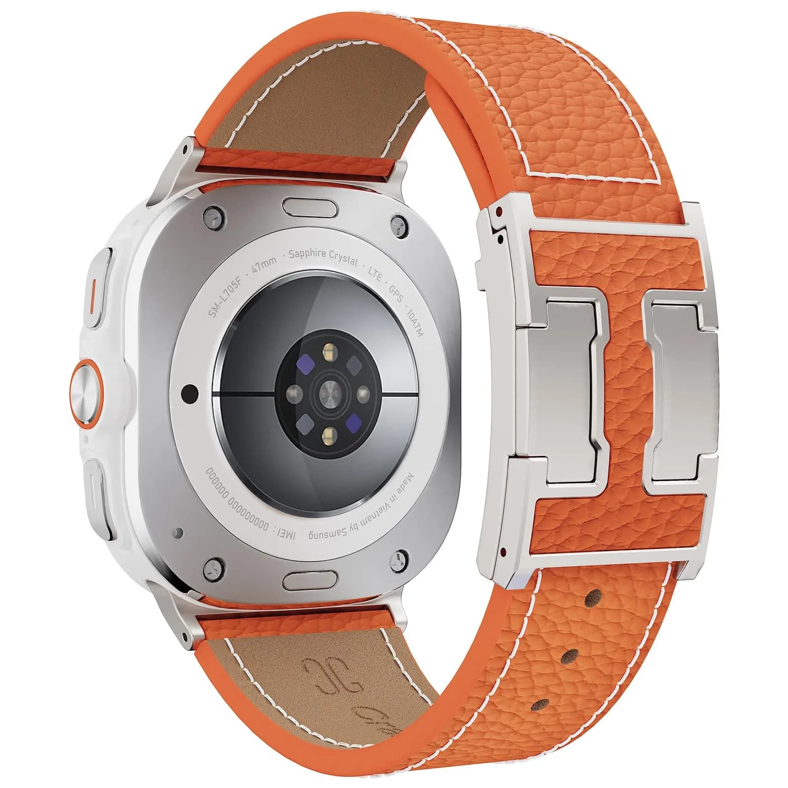 CrazyGrass Magnetic Leather Band Compatible with Samsung Galaxy Watch Ultra 2/Ultra 47mm | Genuine Leather with H-Shaped Magnetic Clasp — (Lychee)Orange Band +Silver Buckle