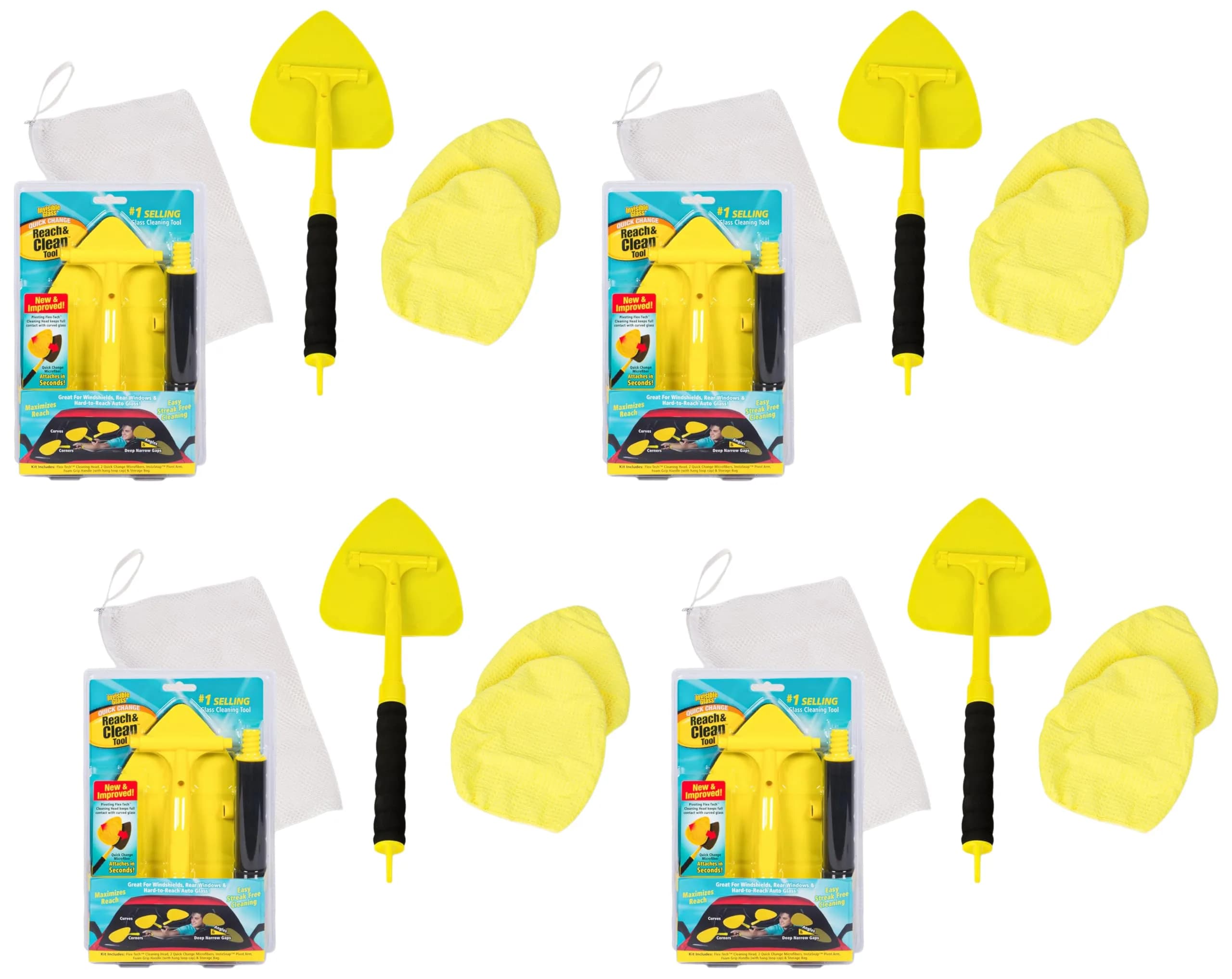 Invisible Glass Reach & Clean Windshield Cleaner Tool Kit 4-Pack | Streak-Free Glass for Cars, Homes