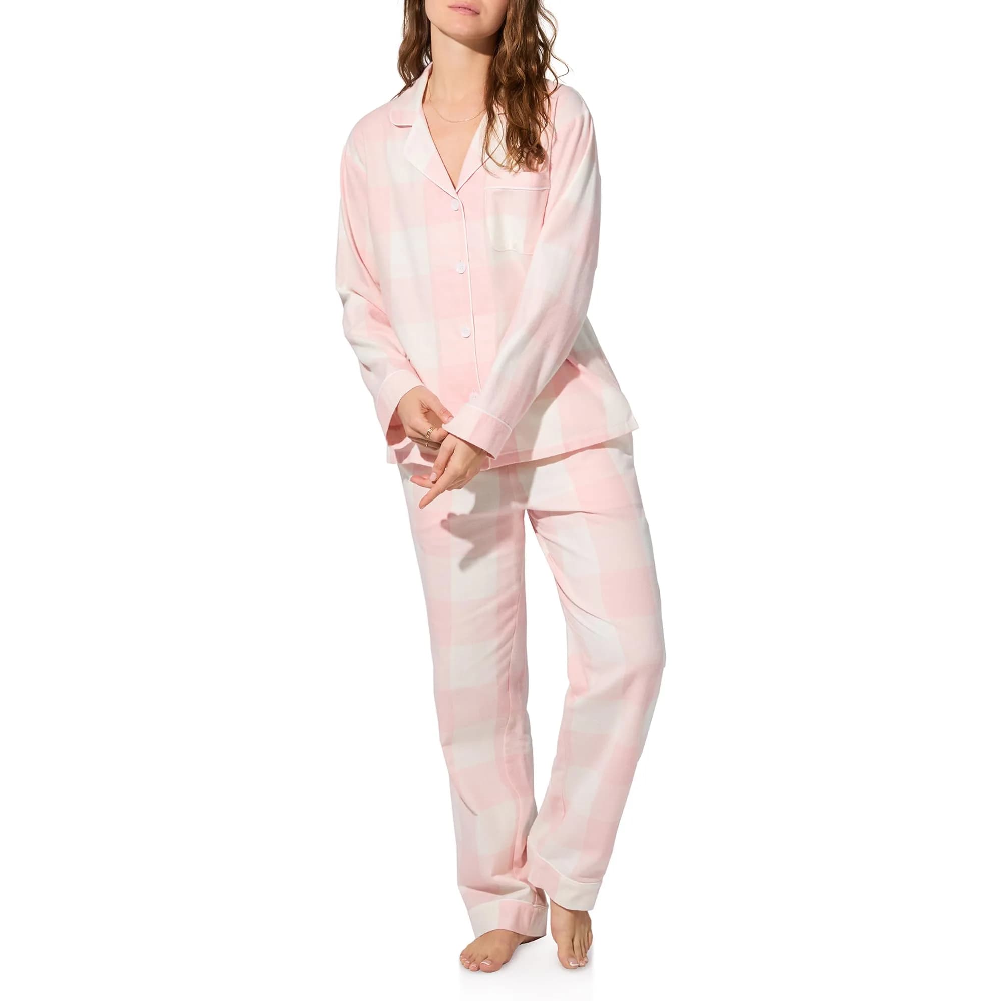 Bed Head PJs Women's Organic Cotton Flannel Twill Classic Long Sleeve Button Up Top & Pant Pajama Set, XL | Eco-Friendly Comfort & Style — Checked in / X-Small