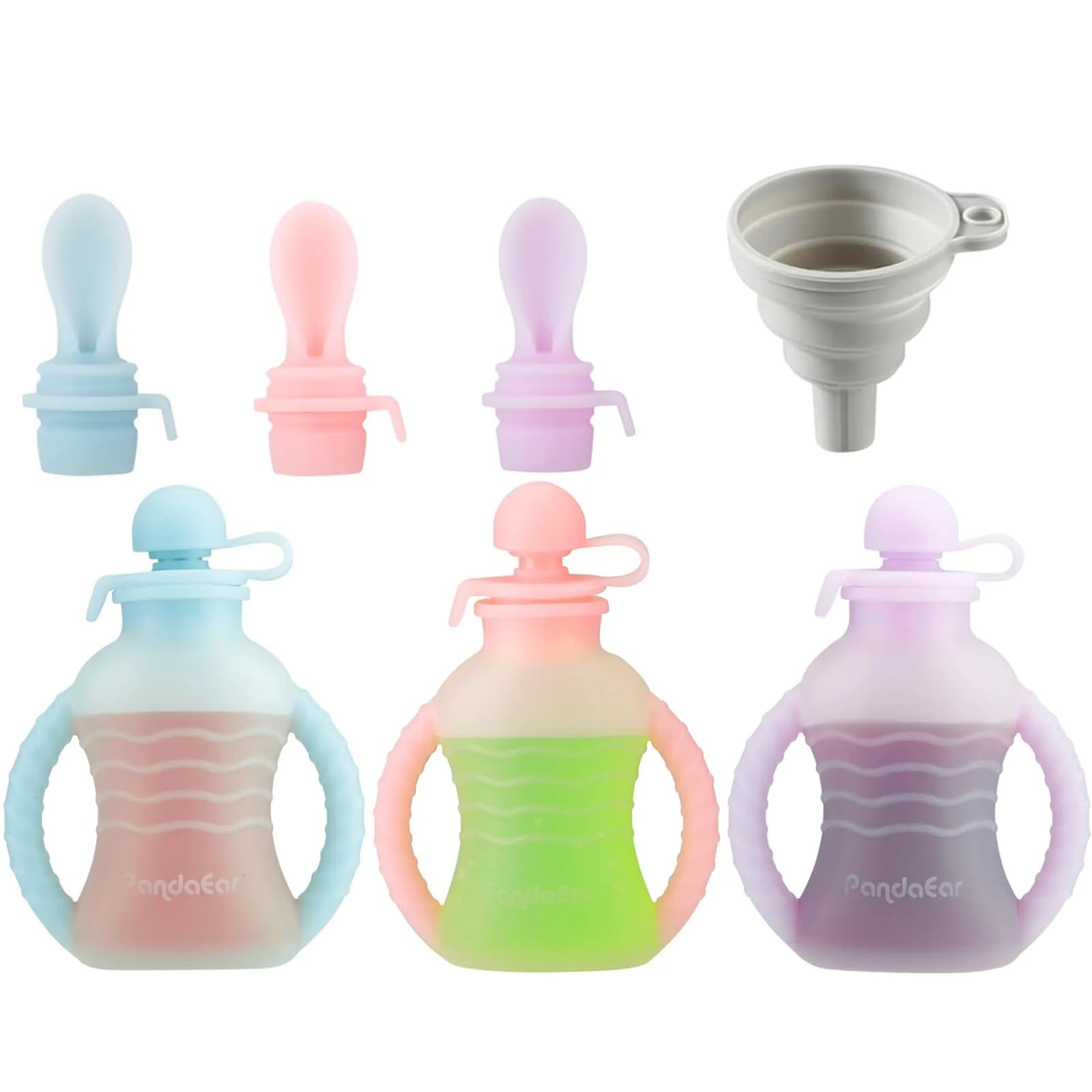 PandaEar 3 Pack Reusable Silicone Baby Food Pouches with 3 Puree Feeder Spoons & Funnel | 4oz Toddler Food Storage Pouch with Handle | BPA-Free Baby Squeeze Pouches - main product image