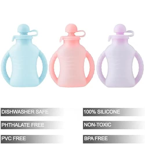 PandaEar 3 Pack Reusable Silicone Baby Food Pouches with 3 Puree Feeder Spoons & Funnel | 4oz Toddler Food Storage Pouch with Handle | BPA-Free Baby Squeeze Pouches thumbnail 4