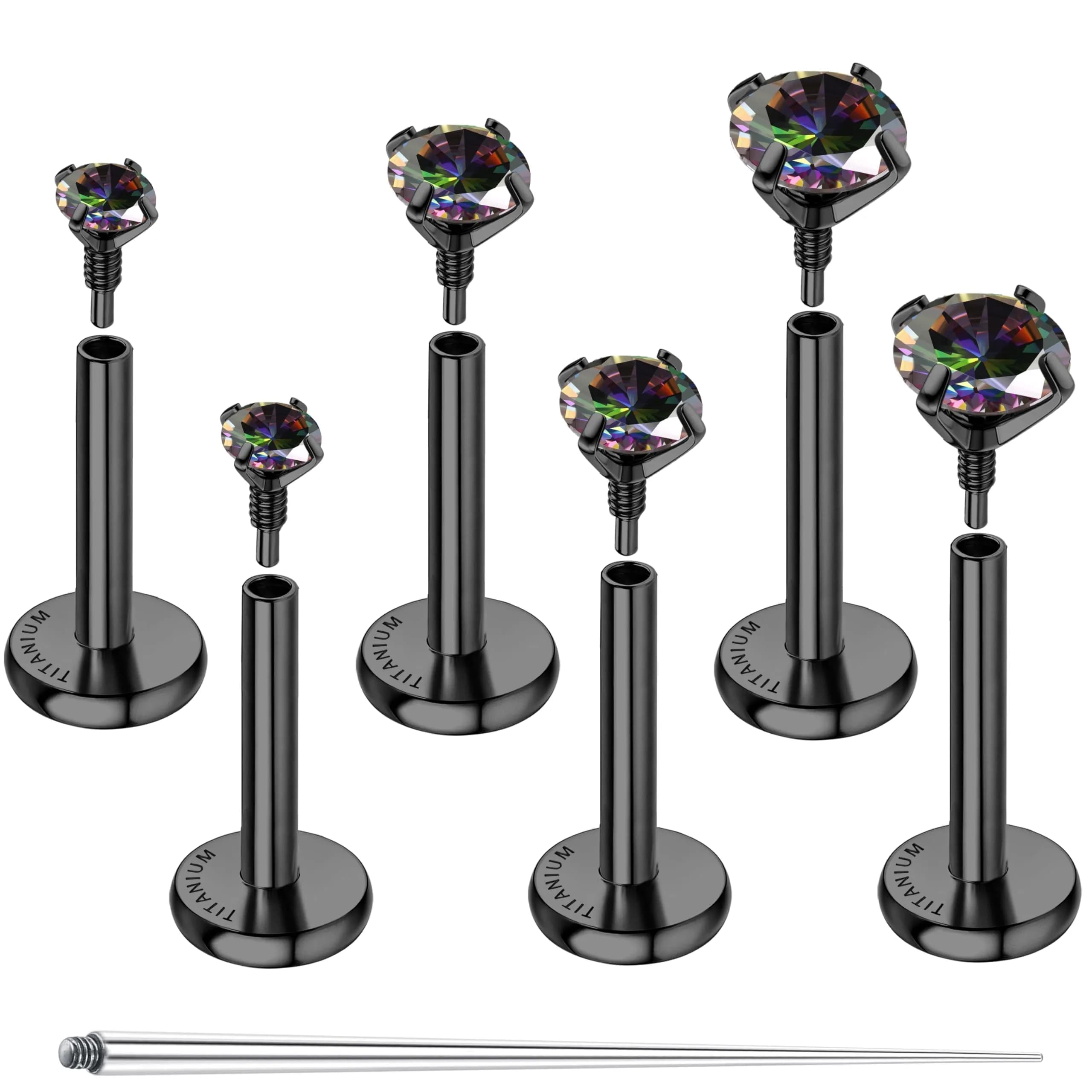 GEMQUEEN Black 18G G23 Titanium Flat Back Earrings Set | Hypoallergenic Internally Threaded Studs for Multiple Piercings — Black / 16G(1.2MM) Bar-6/7/8mm & CZ-2/3/4mm
