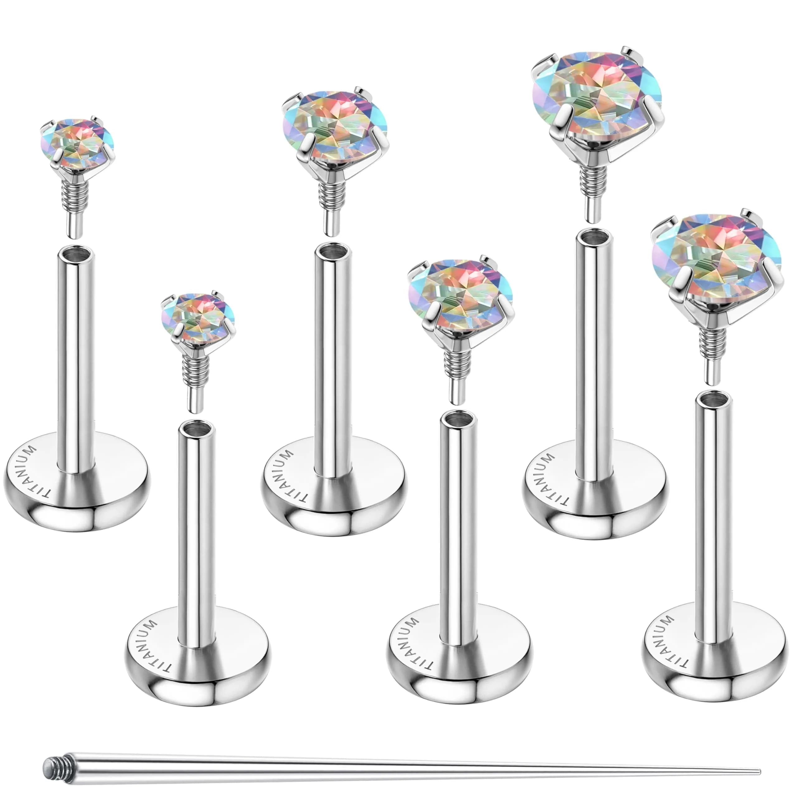 GEMQUEEN Black 18G G23 Titanium Flat Back Earrings Set | Hypoallergenic Internally Threaded Studs for Multiple Piercings — Silver-Rainbow CZ