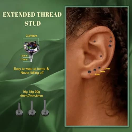 GEMQUEEN Black 18G G23 Titanium Flat Back Earrings Set | Hypoallergenic Internally Threaded Studs for Multiple Piercings thumbnail 6