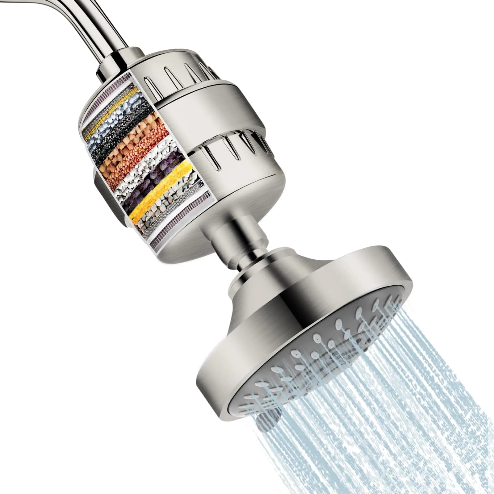 FEELSO Fixed Shower Head with 15-Stage Filter, Nickel Brushed 1.8 GPM | Removes Chlorine & Heavy Metals