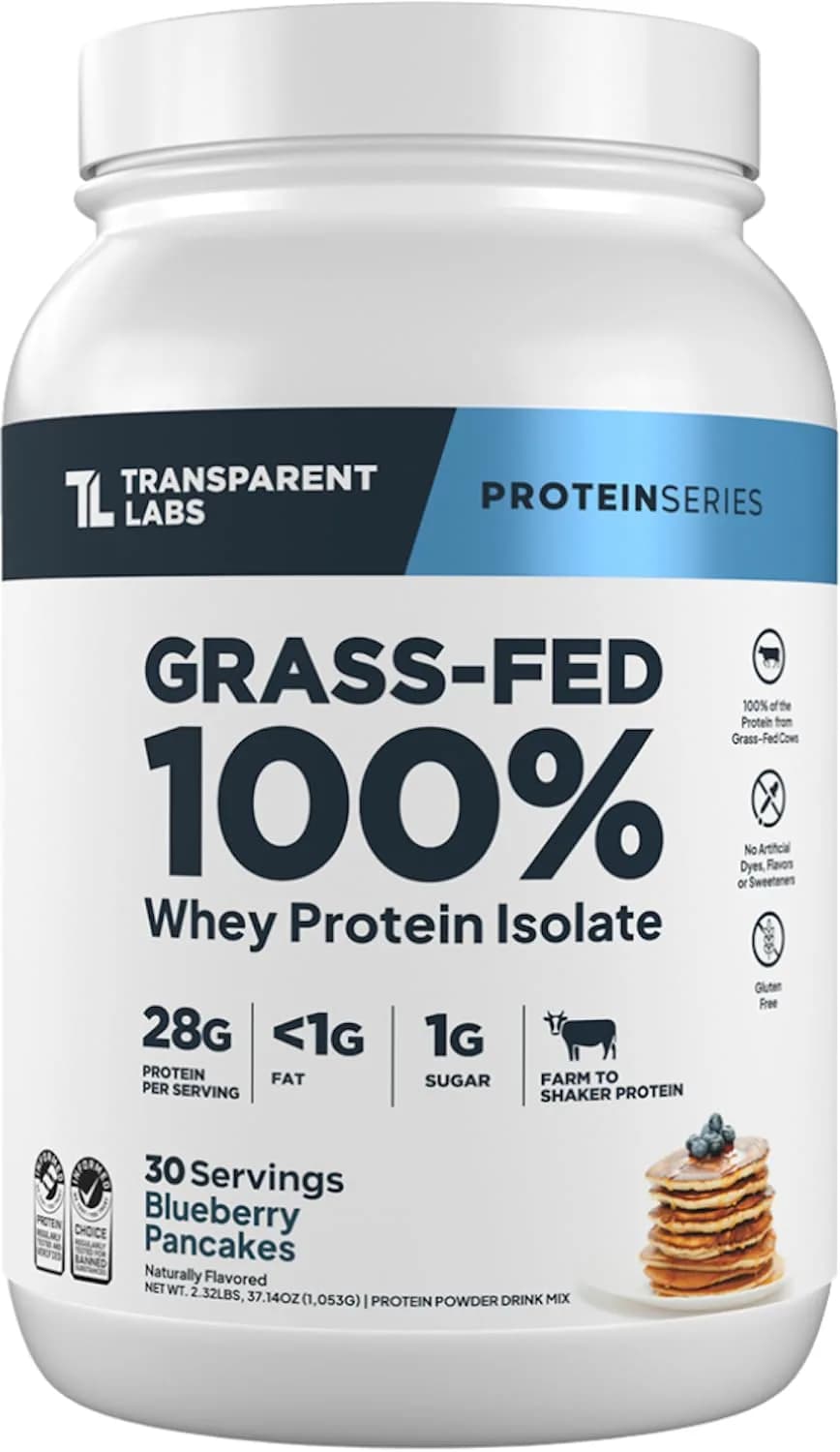 Transparent Labs Grass-Fed Whey Protein Isolate 1.02 kg (2.25 lb) | 28g Protein Per Serving, Blueberry Pancakes Flavor — Blueberry Pancakes