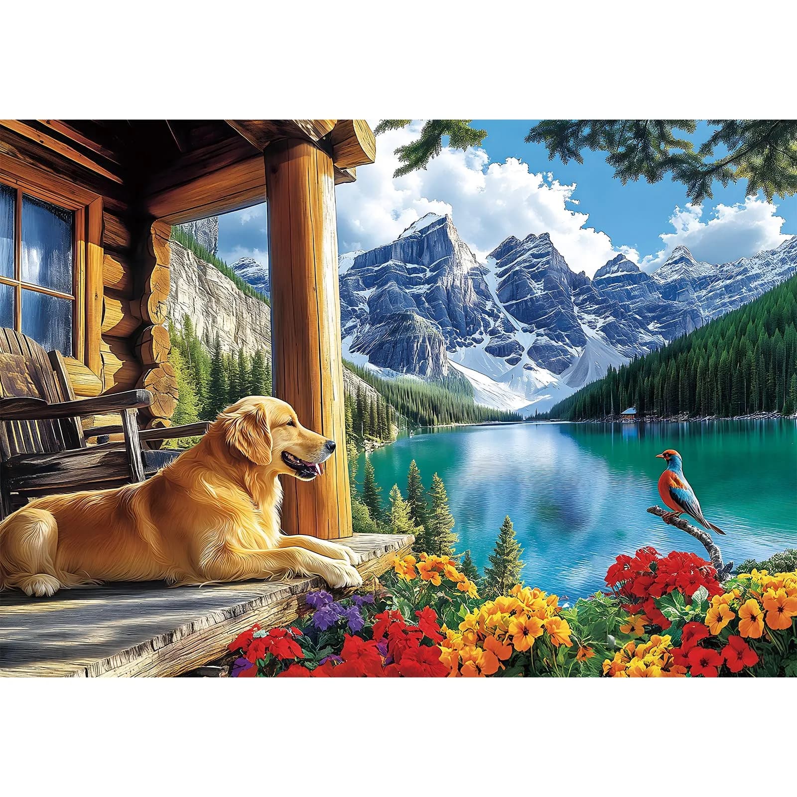 MAXZN 2000 Piece Puzzle for Adults | Serene Mountain Cabin with Golden Retriever, Wildflowers & Lakeside Landscape, 39" x 28"
