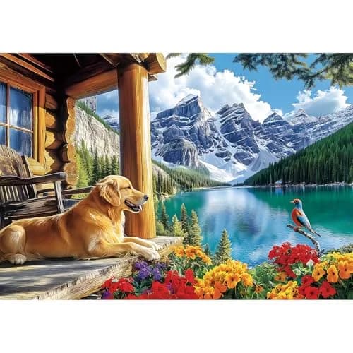 MAXZN 2000 Piece Puzzle for Adults | Serene Mountain Cabin with Golden Retriever, Wildflowers & Lakeside Landscape, 39" x 28" thumbnail 1