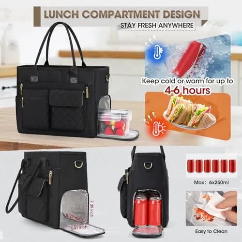 RAINSMORE Teacher Tote Bag with Lunch Compartment for Women | 15.6 inch Laptop & Insulated Side Pockets thumbnail 3