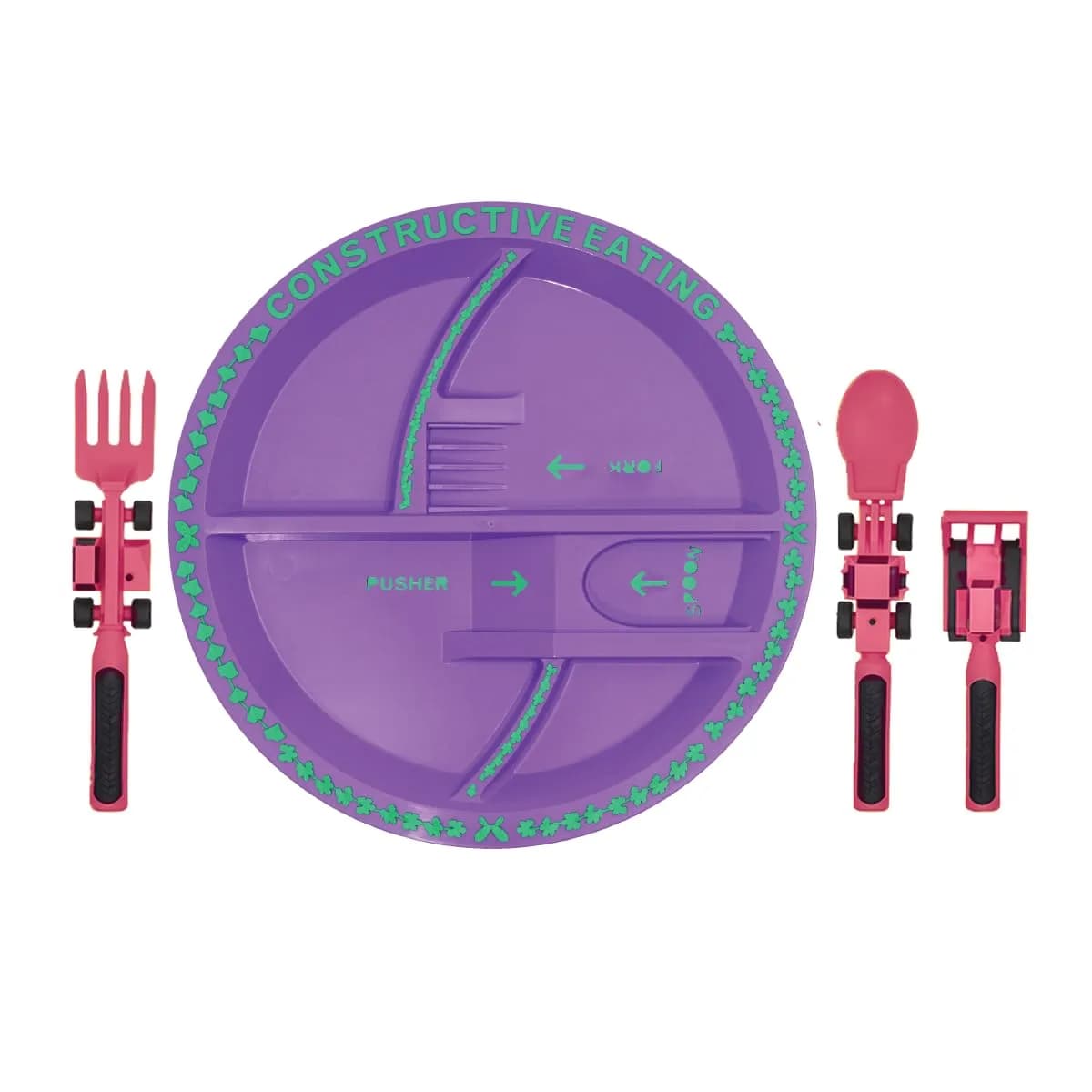 Constructive Eating Pink Construction Plate and Utensils Set | BPA-Free Toddler Dinnerware