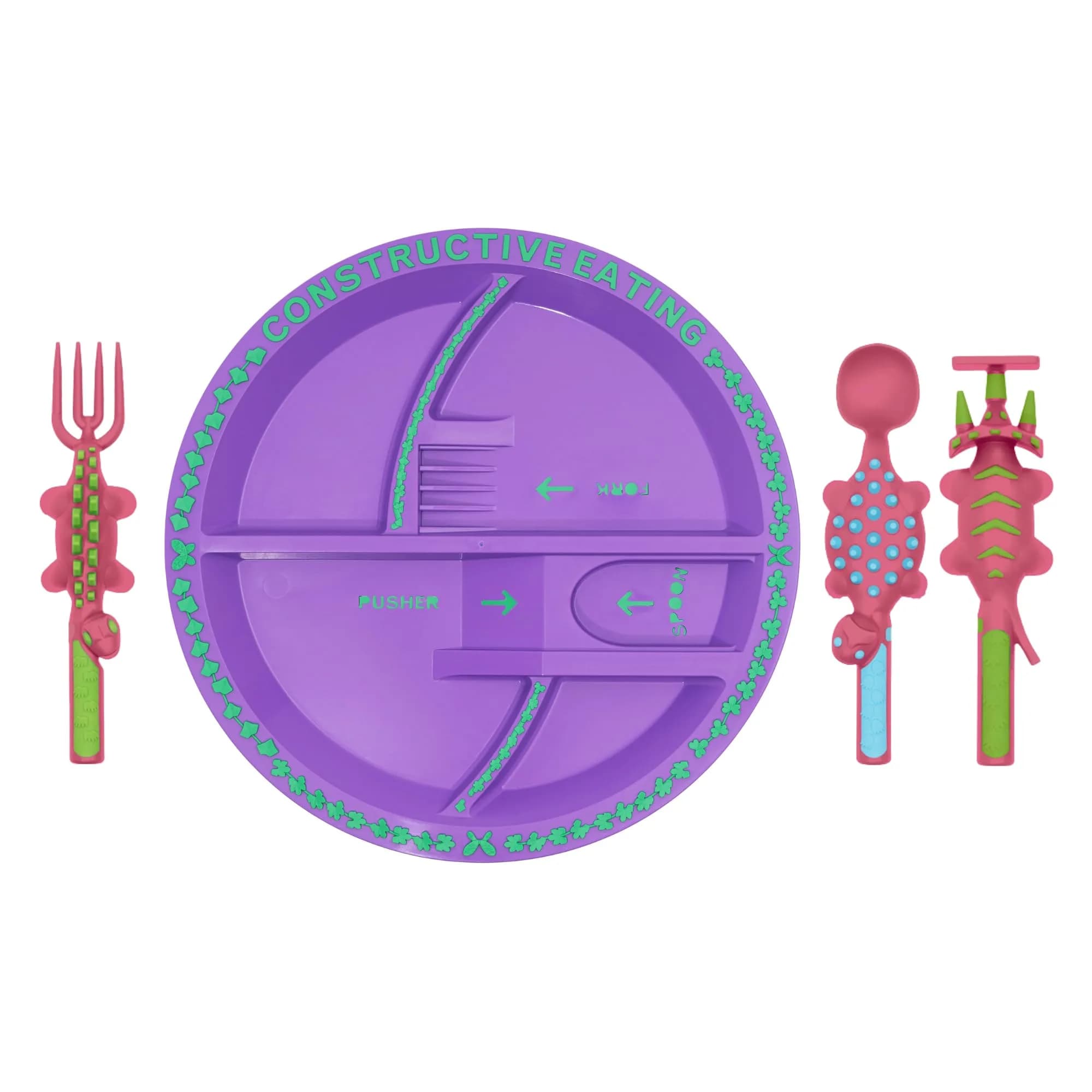 Constructive Eating Dinosaur Plate and Utensils Set 4-Piece | BPA-Free Toddler Dinnerware
