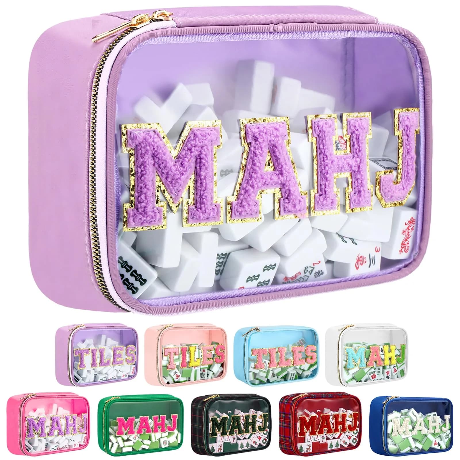 SilTriangle Mahjong Bag Waterproof Purple Mahj | Clear PVC, 8.66x5.52x3.15 inches, holds 166 tiles - main product image