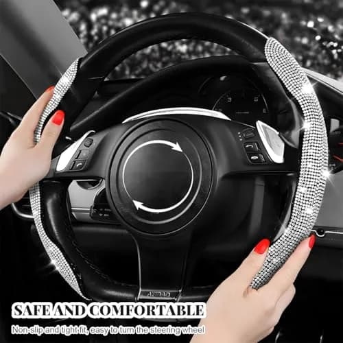 BWBWND Blue 2 PCS Steering Wheel Cover with Crystal Rhinestones | Fits 14-15.6 Inch Diameter Wheels thumbnail 3
