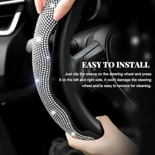 BWBWND White 2-Piece Segmented Steering Wheel Cover with Crystal Rhinestones | Fits 14-15.6 Inch Wheels thumbnail 5