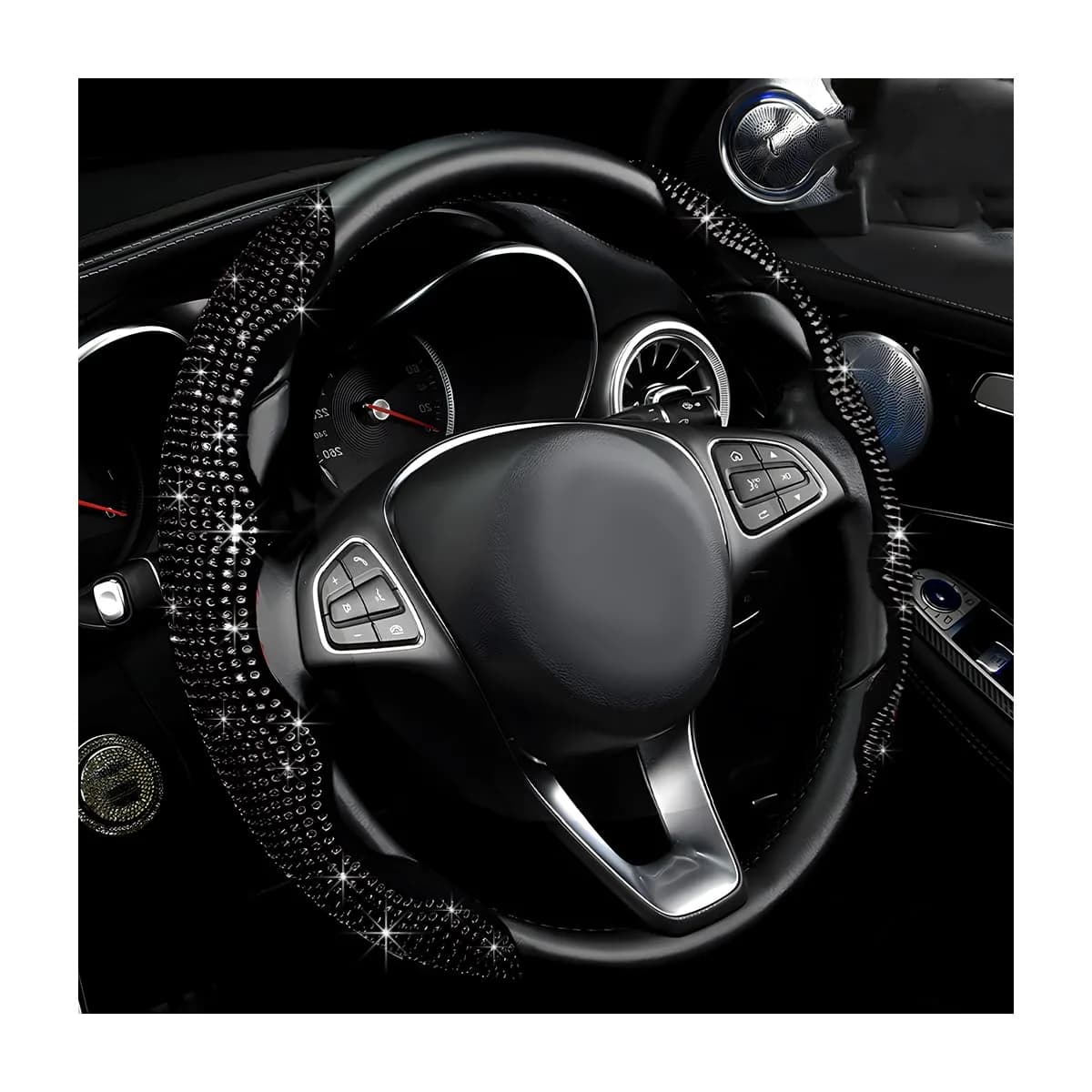 BWBWND Segmented Steering Wheel Cover with Crystal Rhinestones, 2-Pack Black 35.5 cm (14 to 15.6 inches) | Sparkly Non-Slip Car Accessory