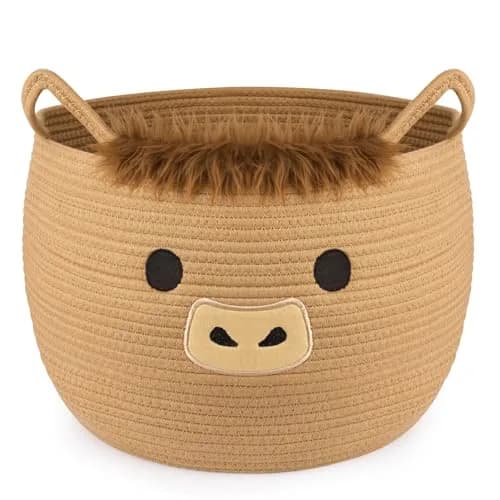 Hkojewp Highland Cow Basket for Nursery, Large Blanket Gift Basket | Woven Cotton Storage Basket with Handles (13"D × 12"H) thumbnail 1