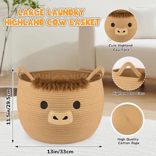 Hkojewp Highland Cow Basket for Nursery, Large Blanket Gift Basket | Woven Cotton Storage Basket with Handles (13"D × 12"H) thumbnail 2
