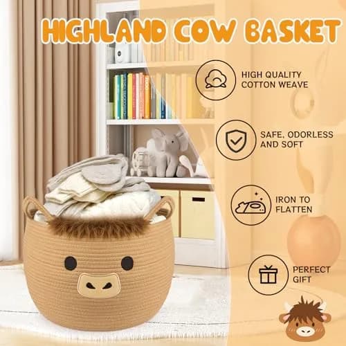 Hkojewp Highland Cow Basket for Nursery, Large Blanket Gift Basket | Woven Cotton Storage Basket with Handles (13"D × 12"H) thumbnail 3