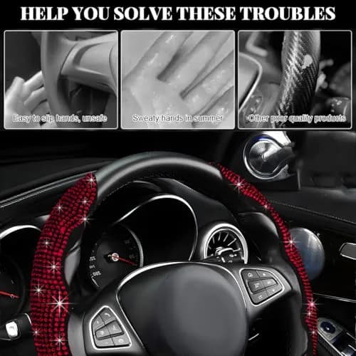 BWBWND 2 PCS Steering Wheel Cover with Rhinestones | Sparkly Non-Slip Car Accessory (14-15.6 inch) thumbnail 6