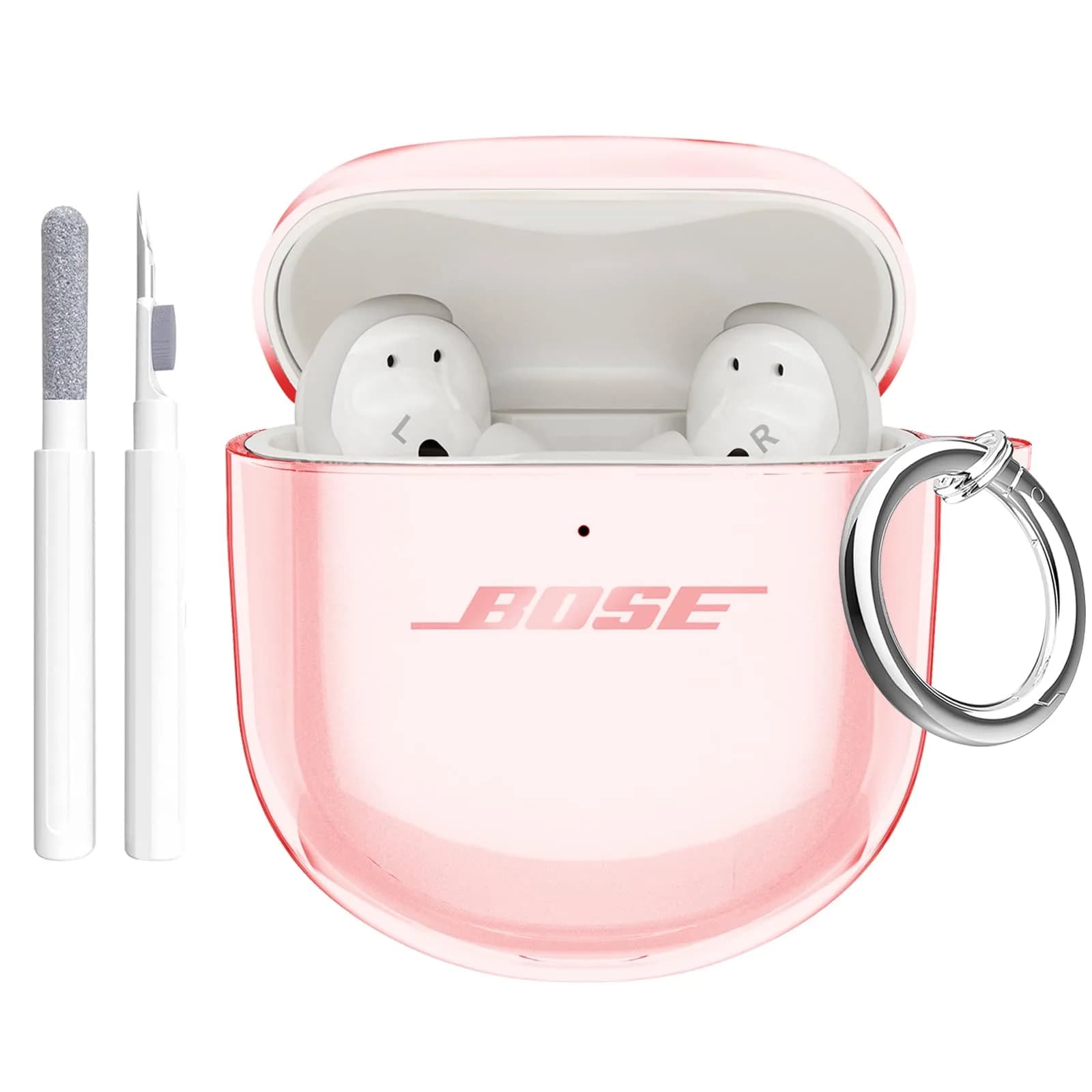 Aircawin Clear Case for Bose QuietComfort Earbuds II / Ultra (2022-2025 Models) | Hingeless TPU Protective Cover with Carabiner & Cleaning Pen — Clear Pink