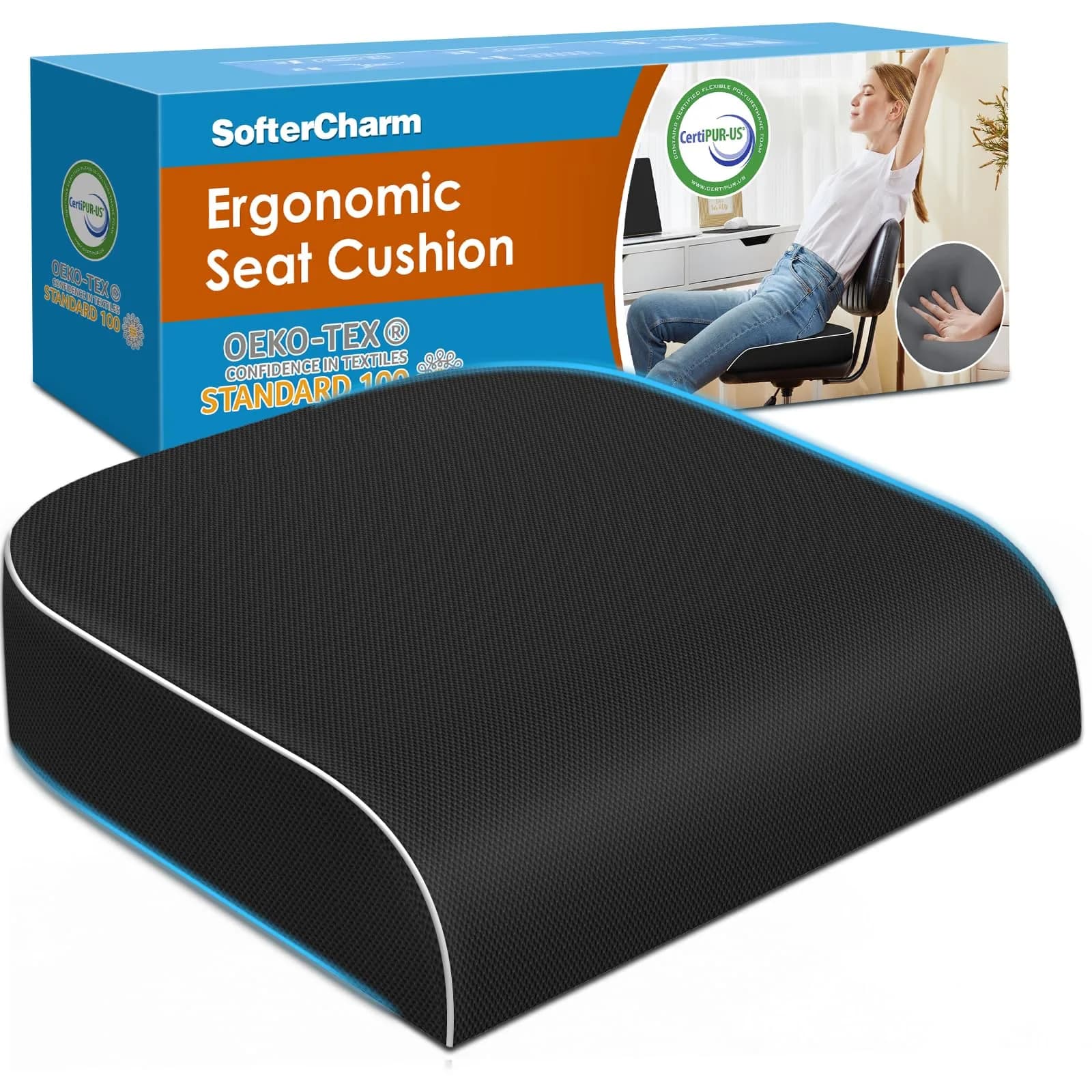 SofterCharm Black Memory Foam Office Chair Cushion | Large, 41cm (16.14") - main product image