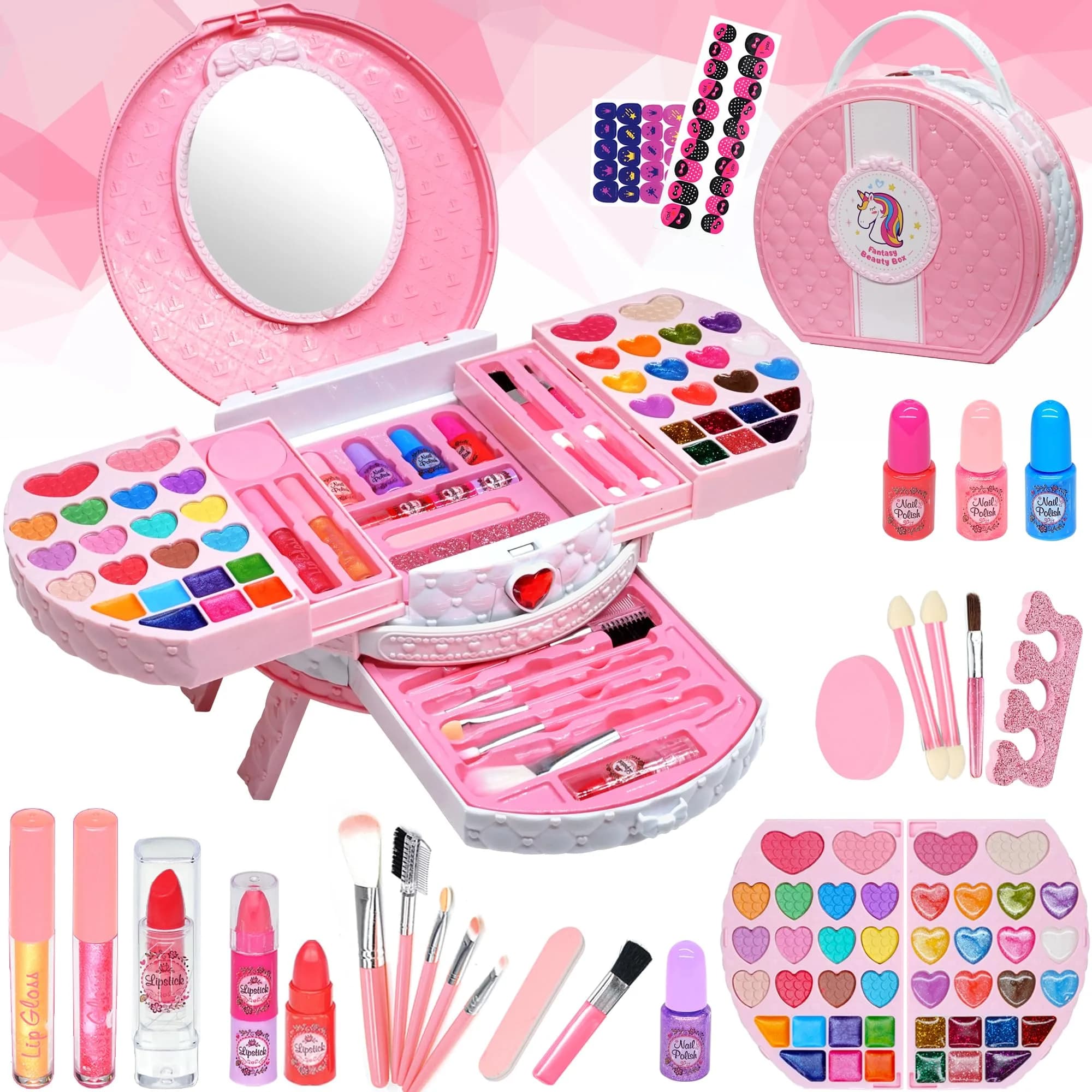 Mrabbitoo Princess Play Makeup Kit for Girls 66-Piece Set | Washable & Safe Toy with Mirror & Dressing Table