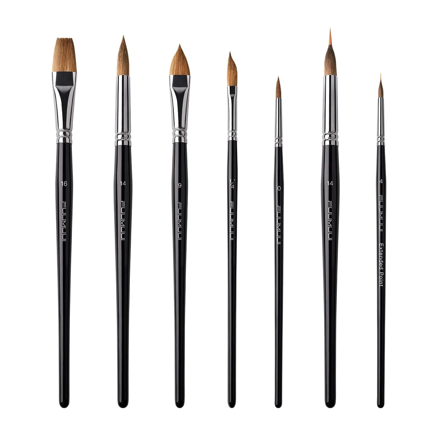 Fuumuui 7pcs Sable Watercolor Brush Set with Extended Needle, Round, Flat, Dagger, Cat's Tongue Shapes | Professional Artist Detail & Wash Painting
