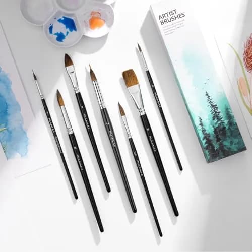 Fuumuui 7pcs Sable Watercolor Brush Set with Extended Needle, Round, Flat, Dagger, Cat's Tongue Shapes | Professional Artist Detail & Wash Painting thumbnail 6