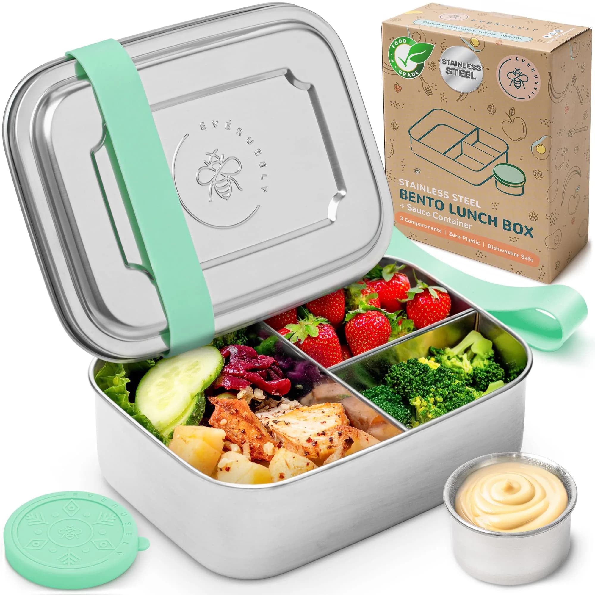 Everusely Stainless Steel Bento Box with Condiment Container - Green, 1.1 L (37oz) | Leakproof Food Storage for Indian Meals — Green