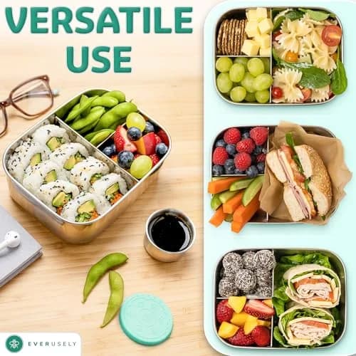 Everusely Stainless Steel Bento Box with Condiment Container - Green, 1.1 L (37oz) | Leakproof Food Storage for Indian Meals thumbnail 5