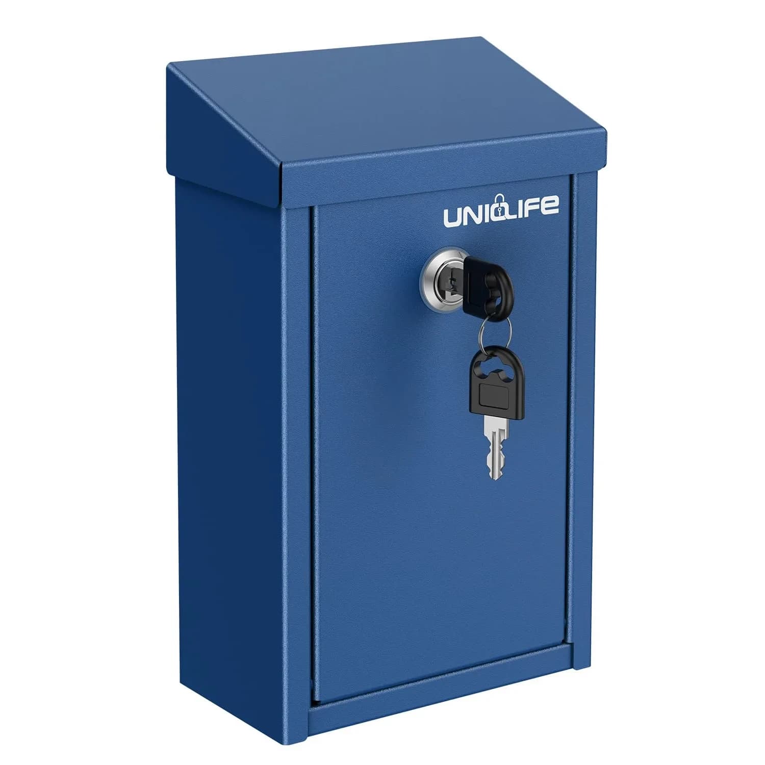 Uniclife Pink Metal Donation Box, Wall Mounted Mailbox for Outside 23.6cm (9.3in) H x 12.9cm (5.1in) W x 7.6cm (3in) D | Secure Key Drop Box for Home Office Business — Blue / Key Lock
