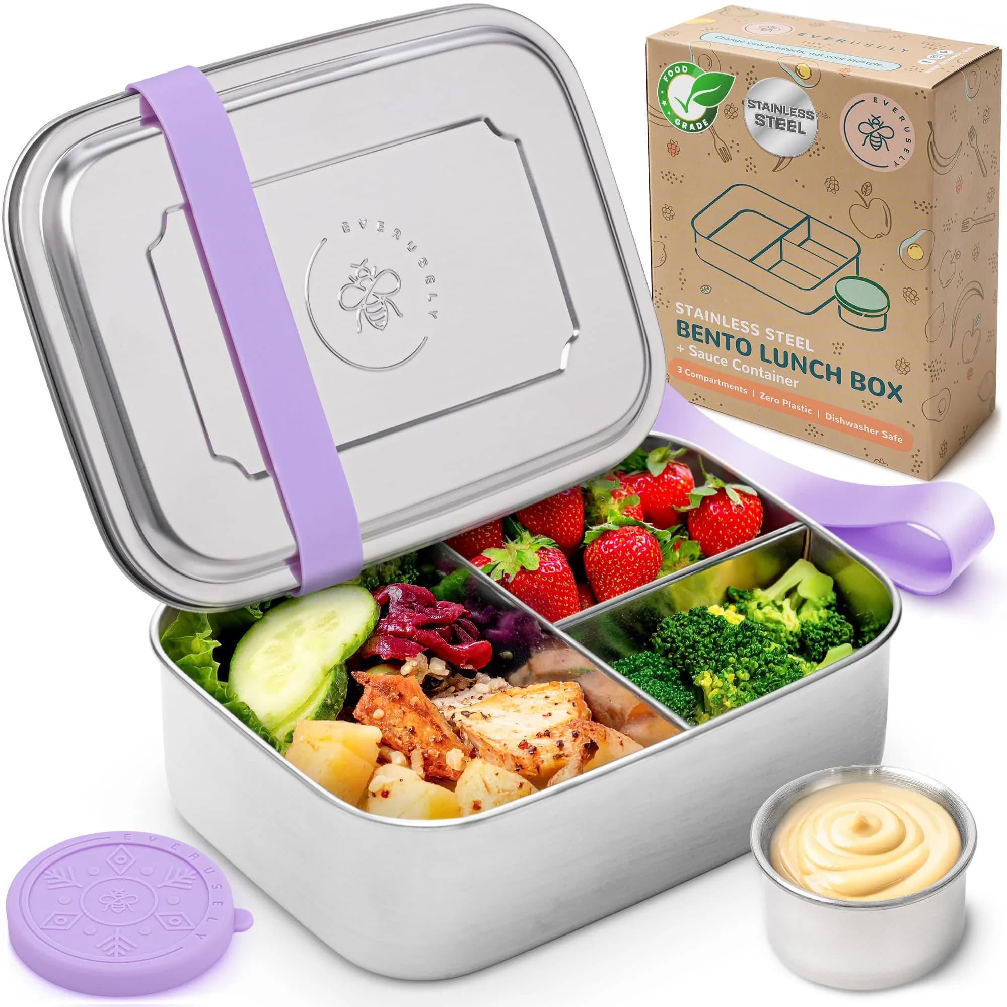 Everusely Stainless Steel Bento Box with Condiment Container - Green, 1.1 L (37oz) | Leakproof Food Storage for Indian Meals — Lavender / 37oz / 1100ml