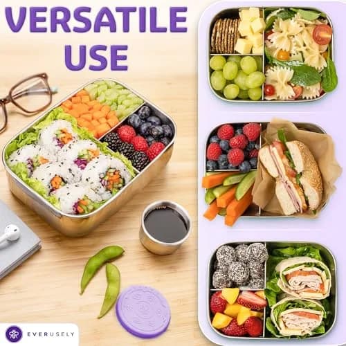 Everseuly Stainless Steel Bento Box with Condiment Container - Lavender, 1.1L (37oz) | Leakproof Compartment Lunch Box for Adults thumbnail 5