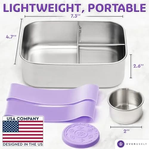 Everseuly Stainless Steel Bento Box with Condiment Container - Lavender, 1.1L (37oz) | Leakproof Compartment Lunch Box for Adults thumbnail 7