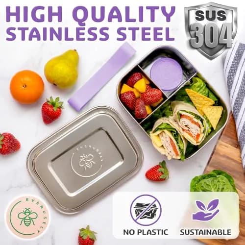 Everseuly Stainless Steel Bento Box with Condiment Container - Lavender, 1.1L (37oz) | Leakproof Compartment Lunch Box for Adults thumbnail 8