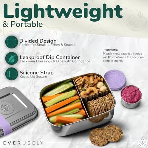 Everseuly Stainless Steel Bento Box with Condiment Container - Lavender, 1.1L (37oz) | Leakproof Compartment Lunch Box for Adults thumbnail 2