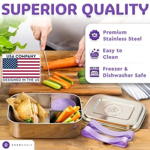 Everseuly Stainless Steel Bento Box with Condiment Container - Lavender, 1.1L (37oz) | Leakproof Compartment Lunch Box for Adults thumbnail 3