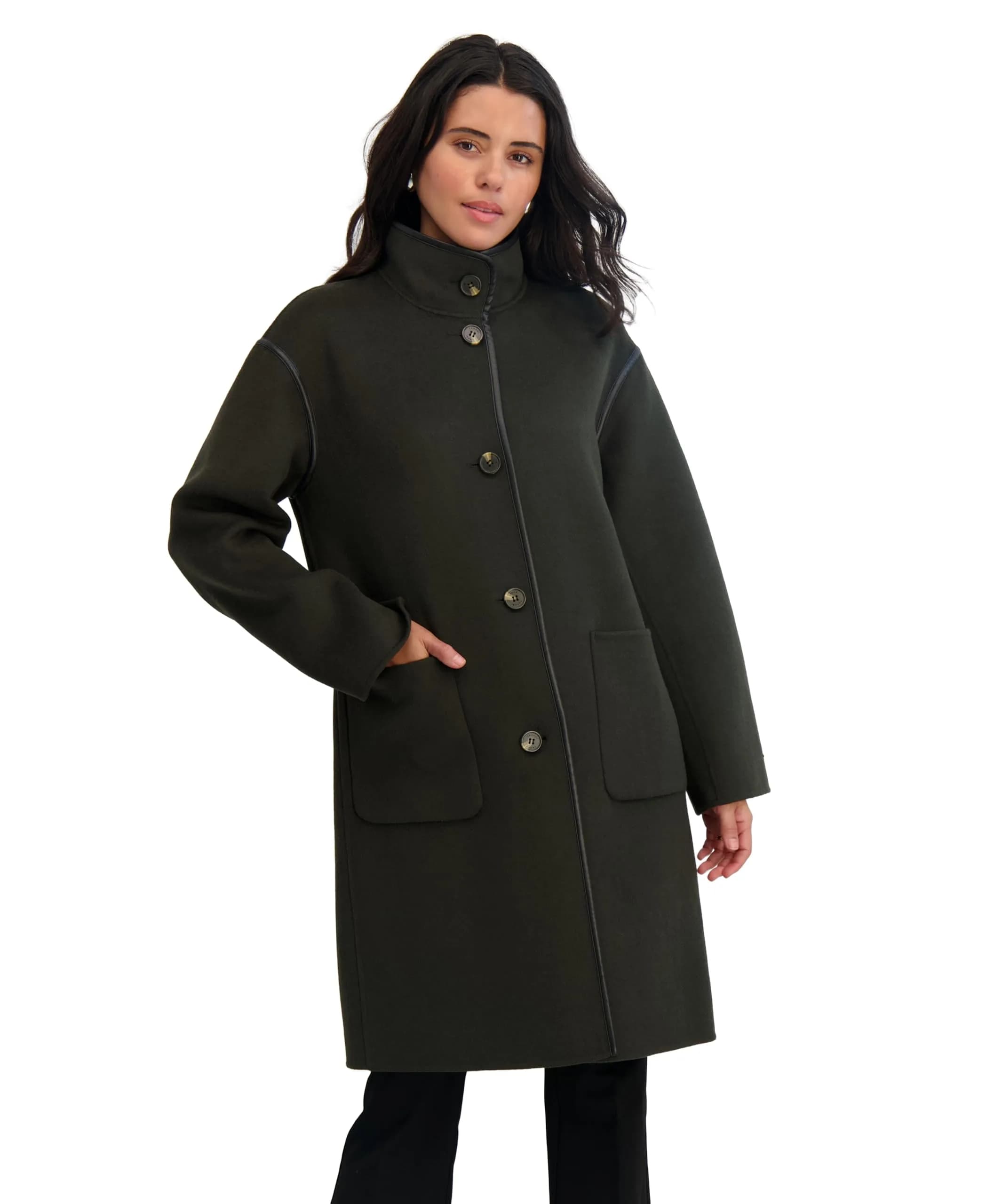 TAHARI Women's Sydney Soft Wool Topper Coat, Olive, Large | Relaxed Fit with Modern PU Trim thumbnail 5