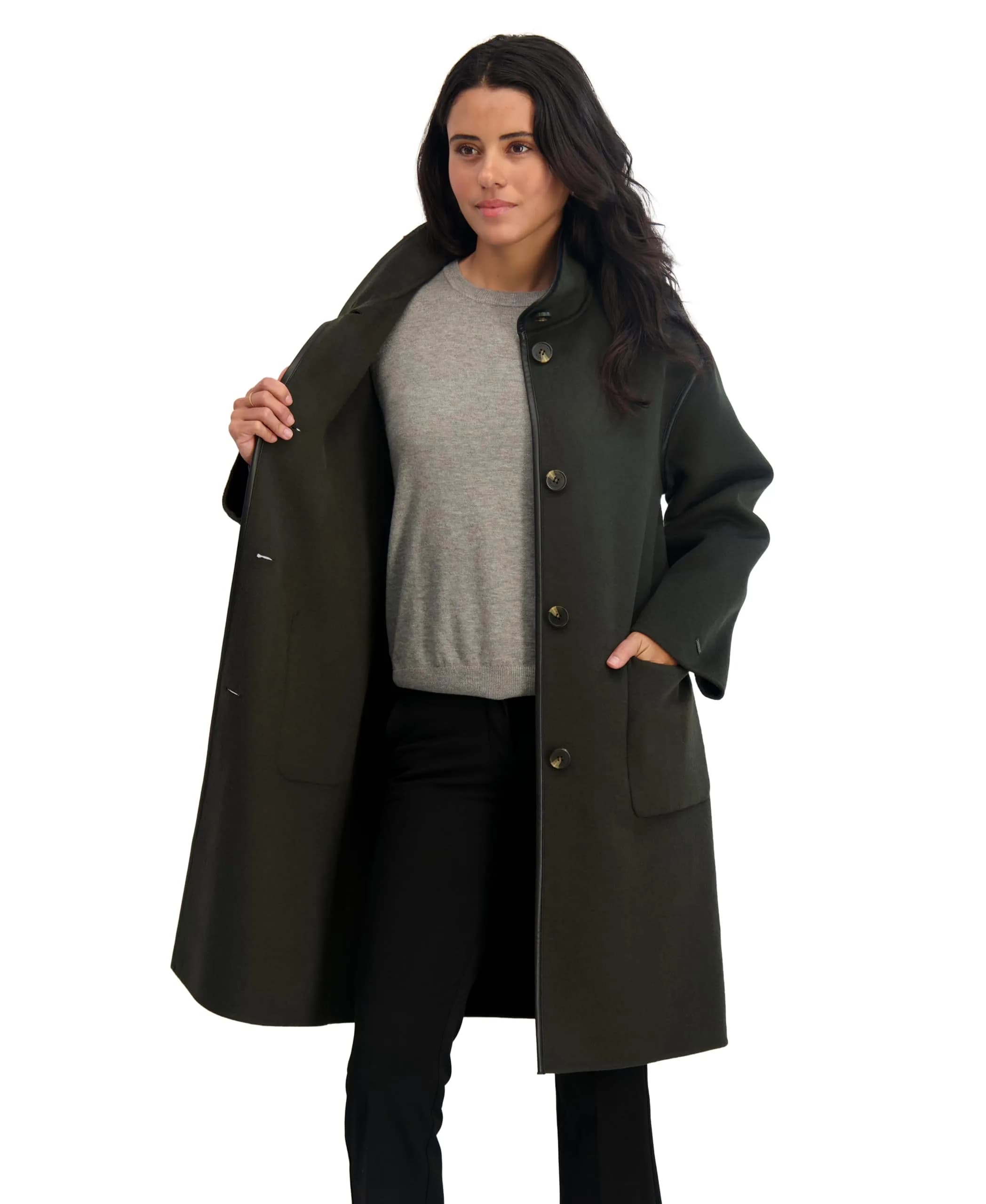 TAHARI Women's Sydney Soft Wool Topper Coat, Olive, Large | Relaxed Fit with Modern PU Trim thumbnail 2