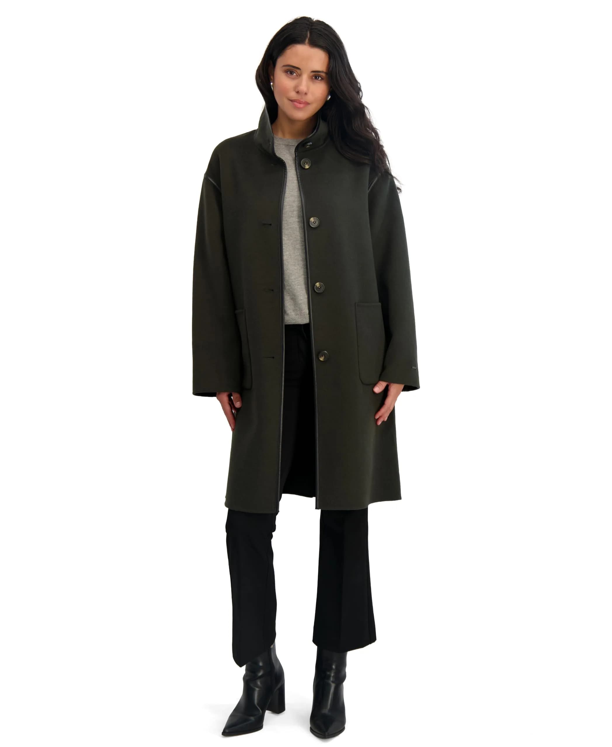 TAHARI Women's Sydney Soft Wool Topper Coat, Olive, Large | Relaxed Fit with Modern PU Trim thumbnail 4
